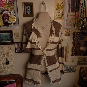 Vintage Juicy Couture Lace Knit Cardigan Women's Small Cream Brown Striped Y2K